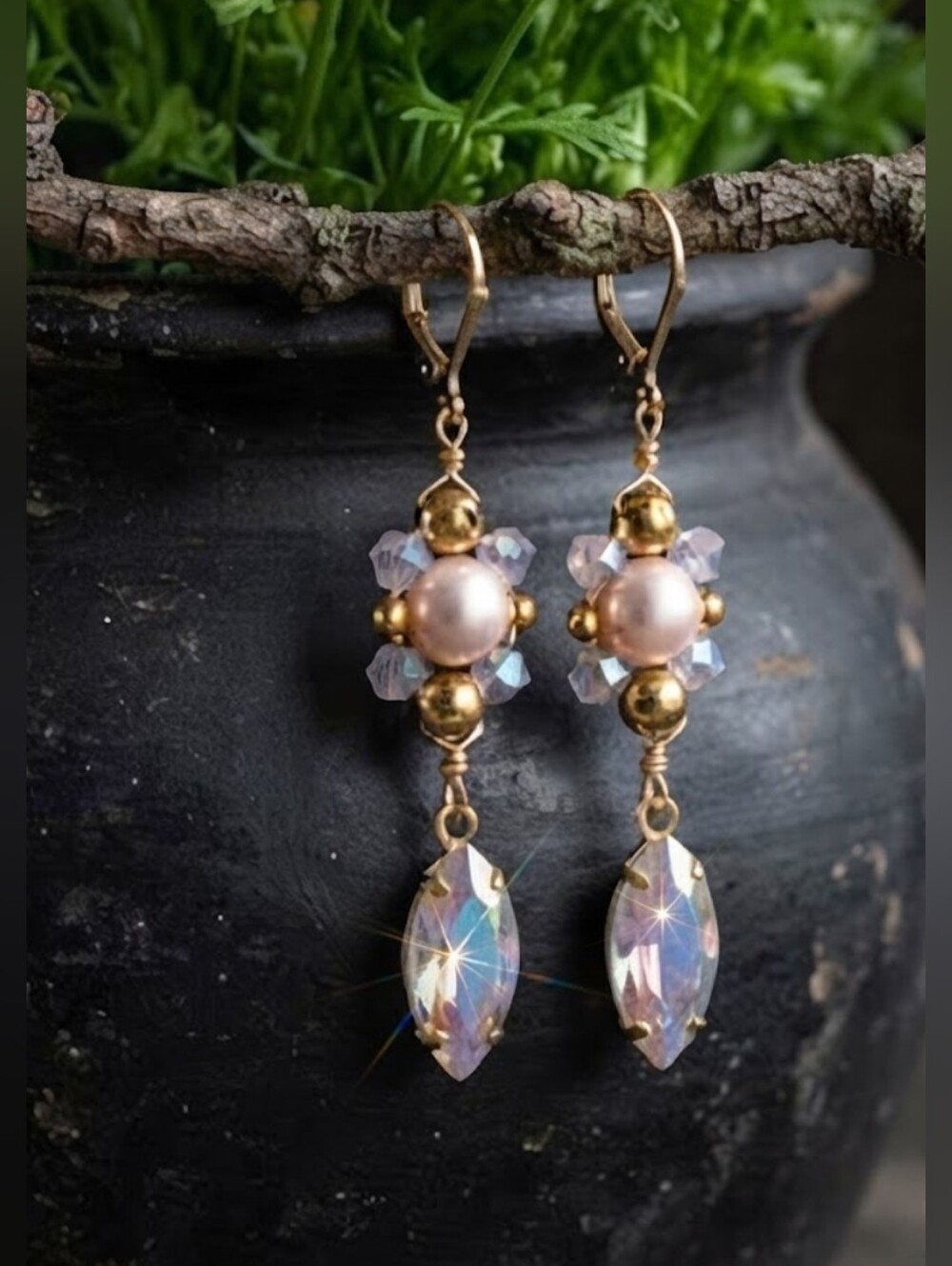 Elegant Pink Rose Opal AB Crystals & Pearls In Artisan Handwoven Beauty Earrings